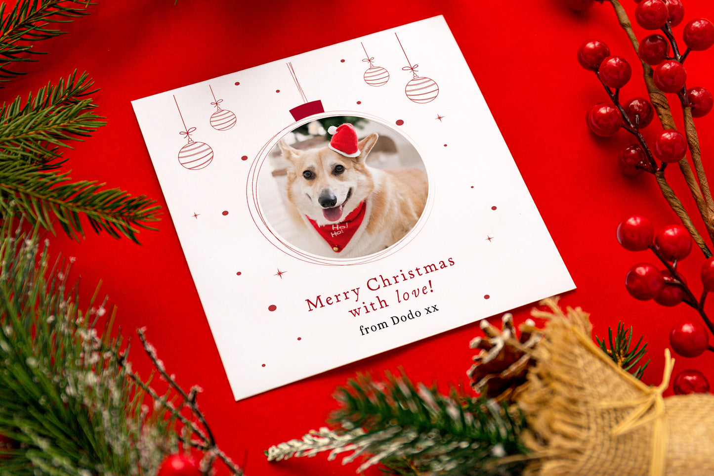 Personalised Photo Christmas Card – Christmas Baubles Design Merry Xmas Card with Customised Photo & Message - from Family, Children, Pet and Loved Ones - Red Envelope Included