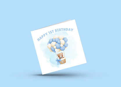 Teddy Bear in a Hot Balloon - 1st Birthday Card for Baby Boy – Cute Rabbit with a big Number 1 Design – Watercolour First Birthday Card for Son, Grandson, Nephew, Children's Birthday Card – Blue Envelope Included