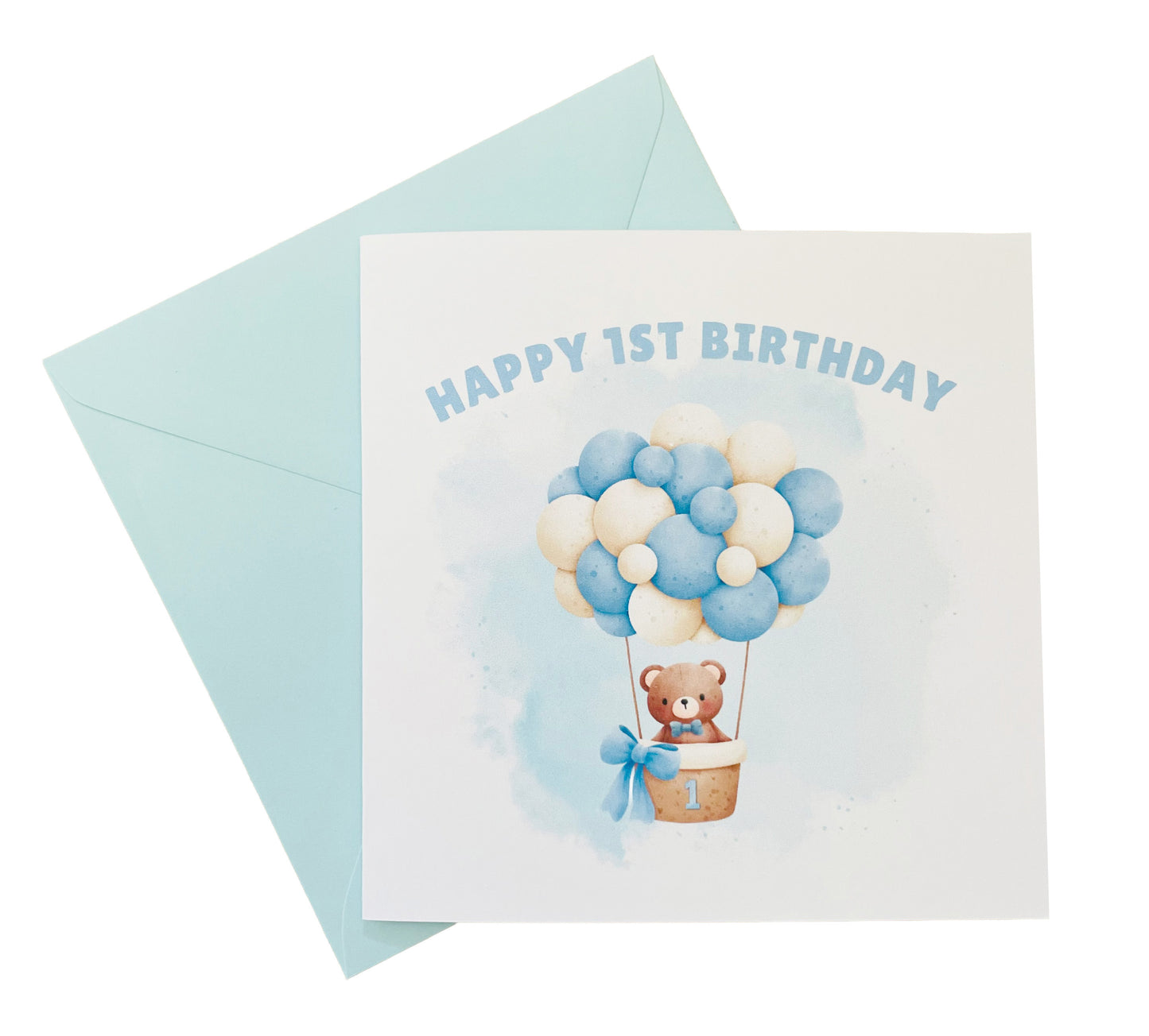 Teddy Bear in a Hot Balloon - 1st Birthday Card for Baby Boy – Cute Rabbit with a big Number 1 Design – Watercolour First Birthday Card for Son, Grandson, Nephew, Children's Birthday Card – Blue Envelope Included