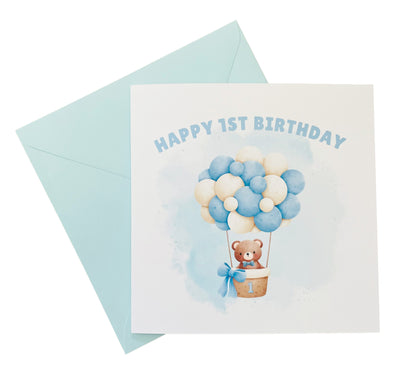 Teddy Bear in a Hot Balloon - 1st Birthday Card for Baby Boy – Cute Rabbit with a big Number 1 Design – Watercolour First Birthday Card for Son, Grandson, Nephew, Children's Birthday Card – Blue Envelope Included
