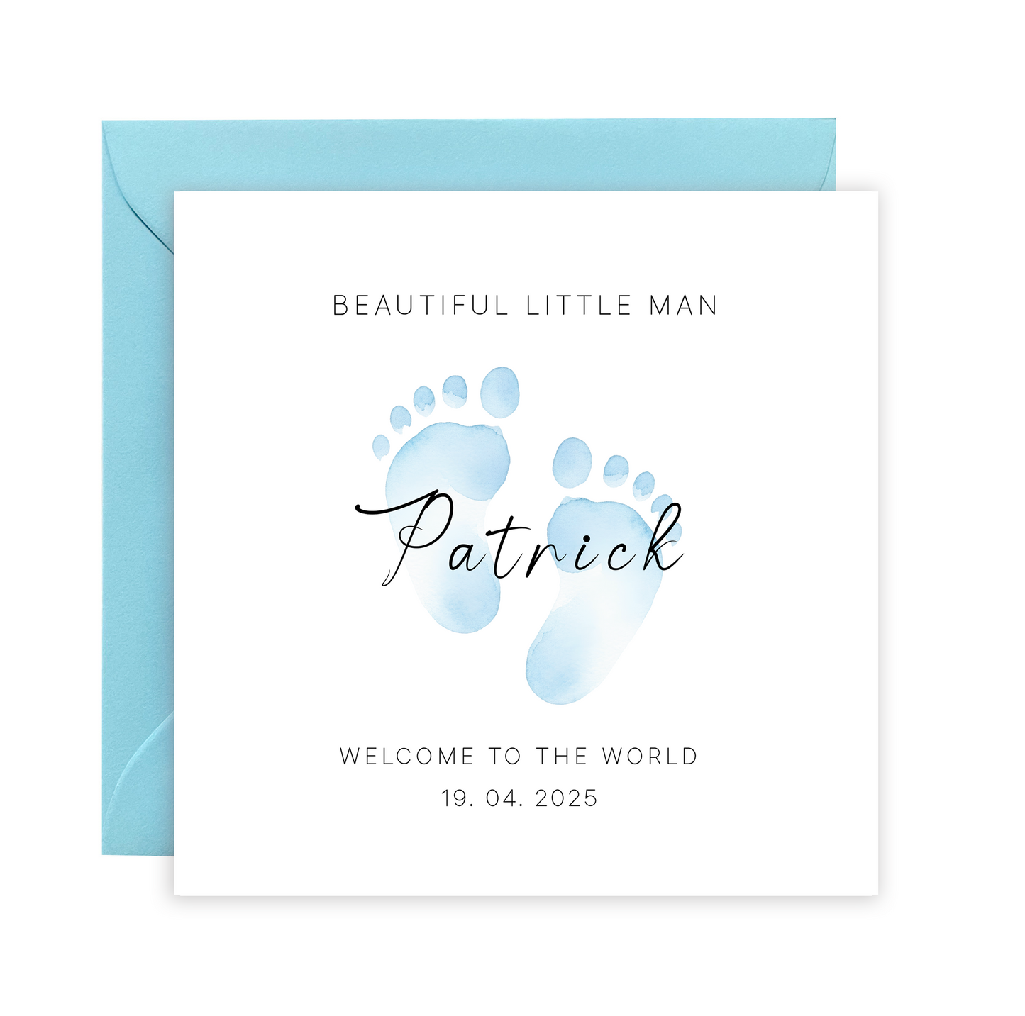 Personalised New Baby Card for Baby Boy, Welcome To The World Newborn, Baby Shower Card for Son, Grandson, Nephew, Little One, Baby Feet Design with Customised Name, Date and Message – Blue Envelope Included