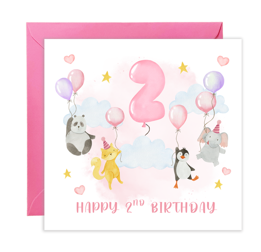 2nd Birthday Card for Girls – Cute Pink Animal Design Panda, Fox, Penguin & Elephant – Kids Age 2 Years Old Birthday Card for Girl, Daughter, Granddaughter, Niece, little One – Pink Envelope Included