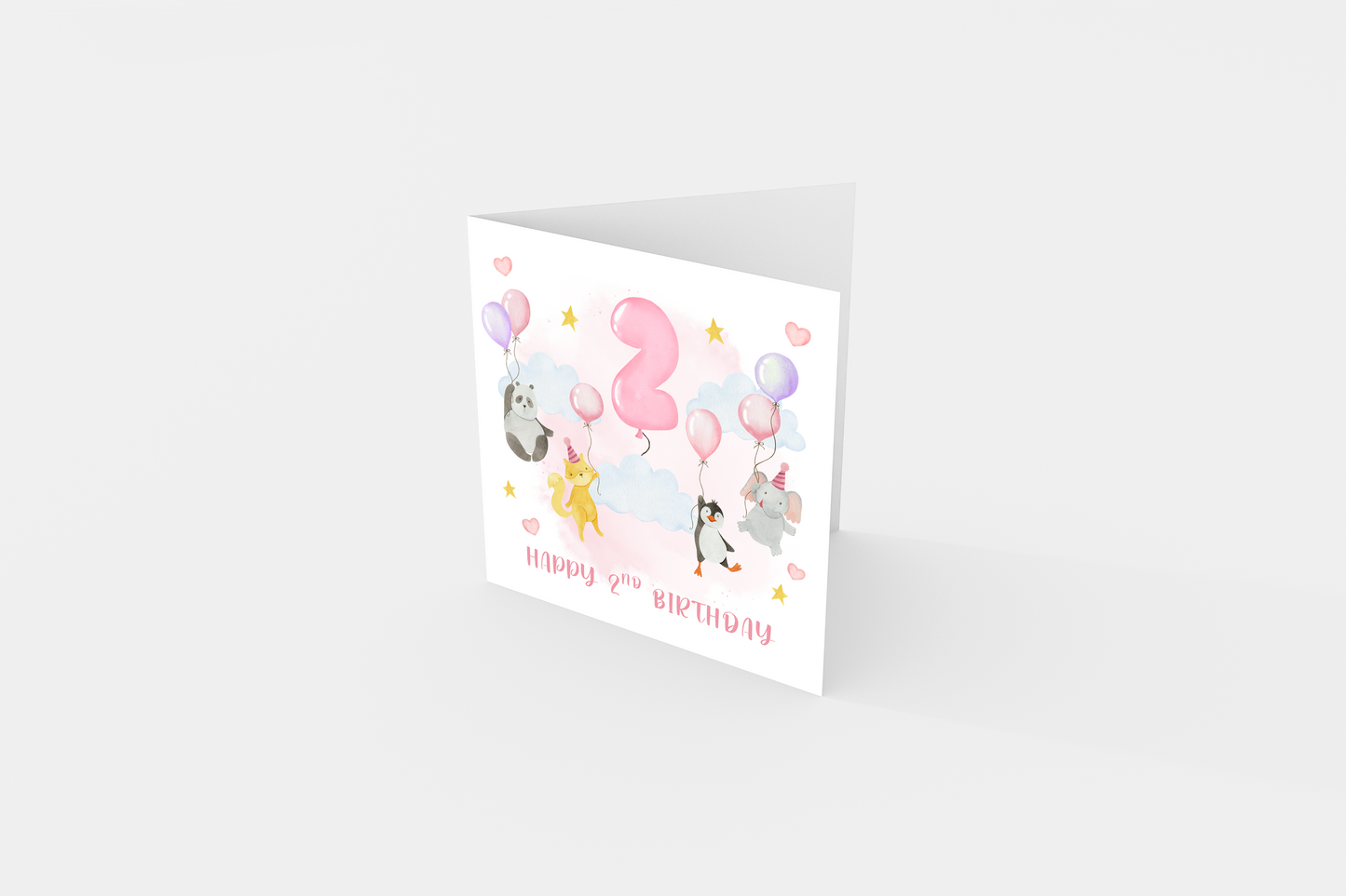 2nd Birthday Card for Girls – Cute Pink Animal Design Panda, Fox, Penguin & Elephant – Kids Age 2 Years Old Birthday Card for Girl, Daughter, Granddaughter, Niece, little One – Pink Envelope Included