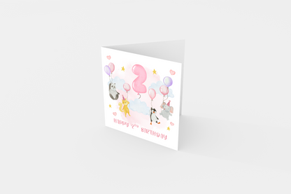 2nd Birthday Card for Girls – Cute Pink Animal Design Panda, Fox, Penguin & Elephant – Kids Age 2 Years Old Birthday Card for Girl, Daughter, Granddaughter, Niece, little One – Pink Envelope Included