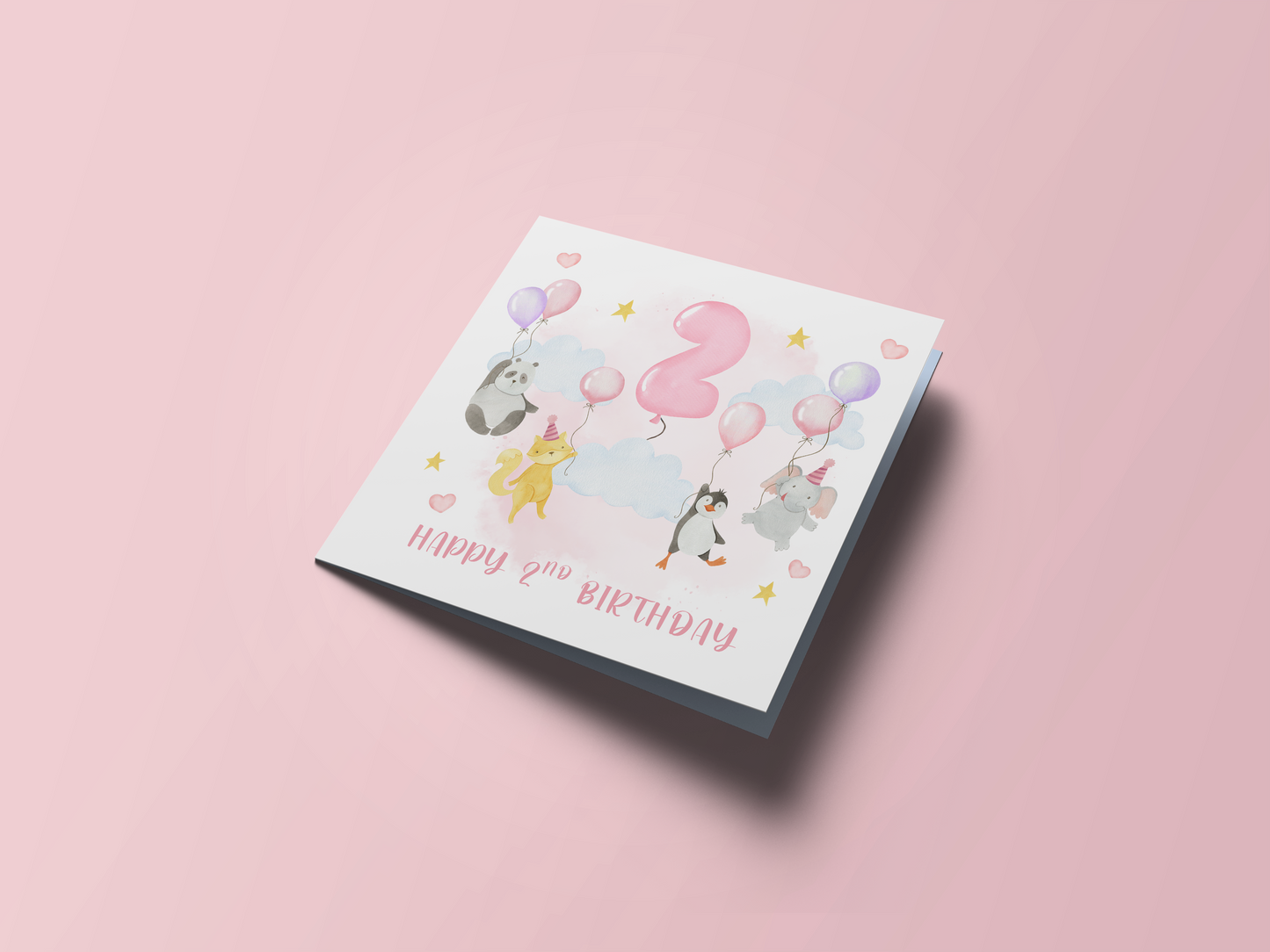 2nd Birthday Card for Girls – Cute Pink Animal Design Panda, Fox, Penguin & Elephant – Kids Age 2 Years Old Birthday Card for Girl, Daughter, Granddaughter, Niece, little One – Pink Envelope Included