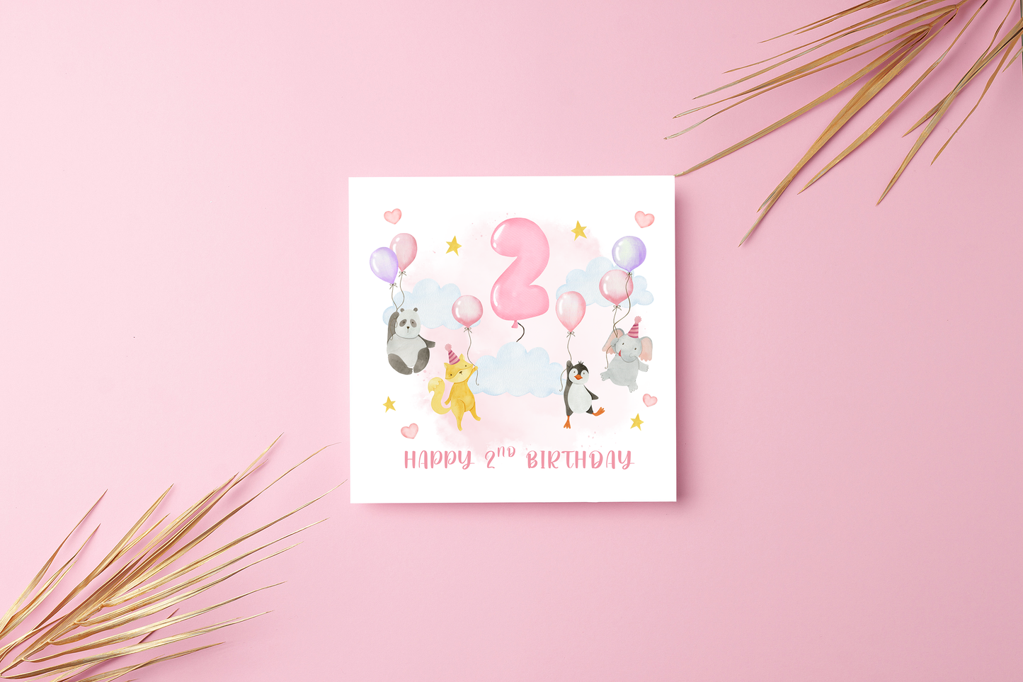 2nd Birthday Card for Girls – Cute Pink Animal Design Panda, Fox, Penguin & Elephant – Kids Age 2 Years Old Birthday Card for Girl, Daughter, Granddaughter, Niece, little One – Pink Envelope Included