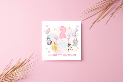 2nd Birthday Card for Girls – Cute Pink Animal Design Panda, Fox, Penguin & Elephant – Kids Age 2 Years Old Birthday Card for Girl, Daughter, Granddaughter, Niece, little One – Pink Envelope Included