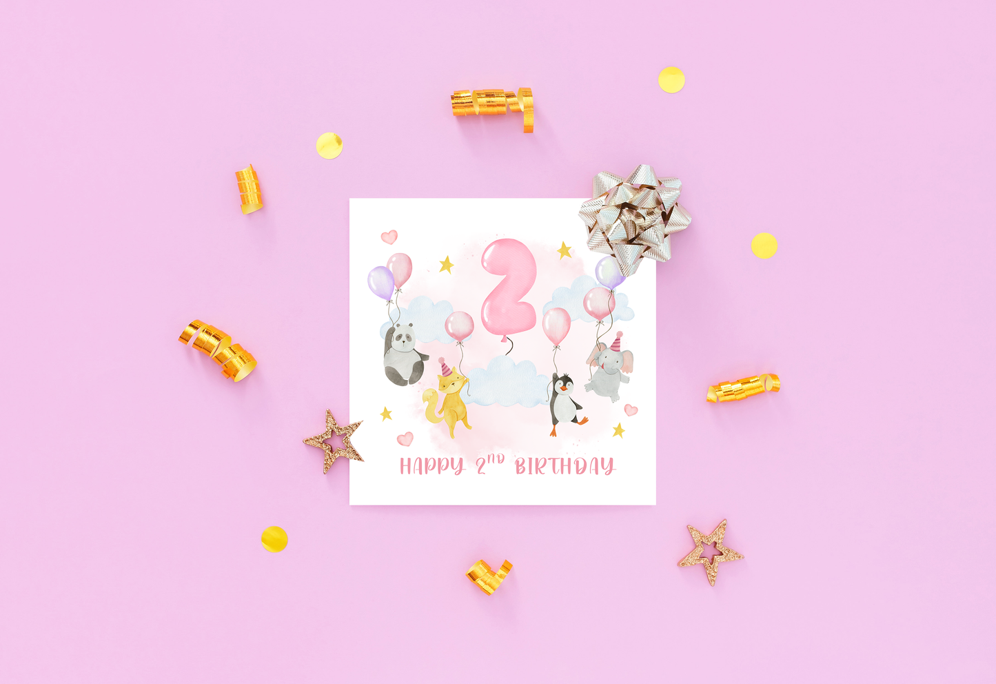 2nd Birthday Card for Girls – Cute Pink Animal Design Panda, Fox, Penguin & Elephant – Kids Age 2 Years Old Birthday Card for Girl, Daughter, Granddaughter, Niece, little One – Pink Envelope Included