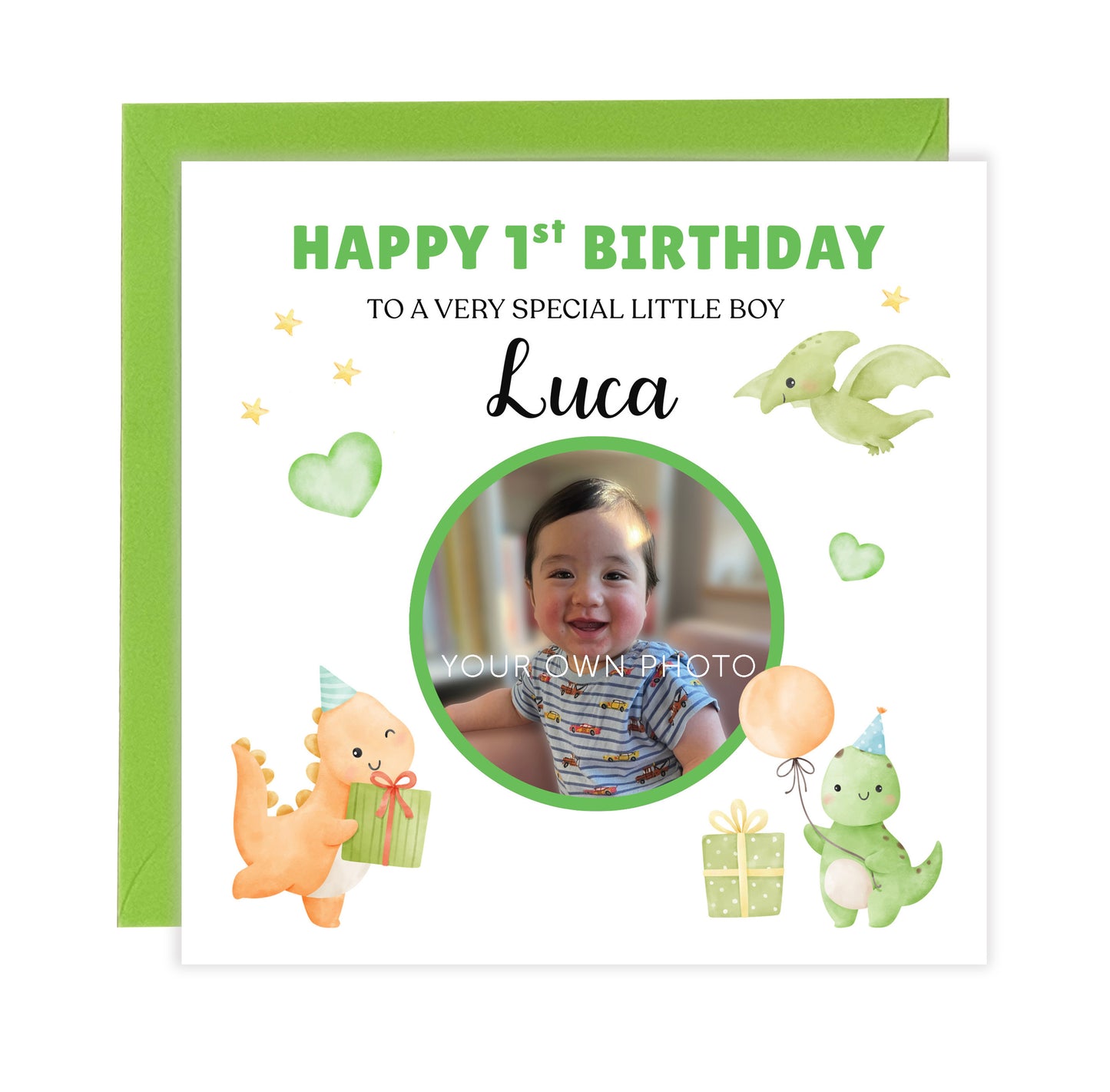 Personalised Photo 1st Birthday Card for Baby Boy – Cute Dinosaur with Custom Photo, Name and Message, First Birthday Card for Son, Grandson, Nephew – Green Envelope Included