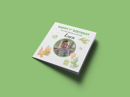 Personalised Photo 1st Birthday Card for Baby Boy – Cute Dinosaur with Custom Photo, Name and Message, First Birthday Card for Son, Grandson, Nephew – Green Envelope Included
