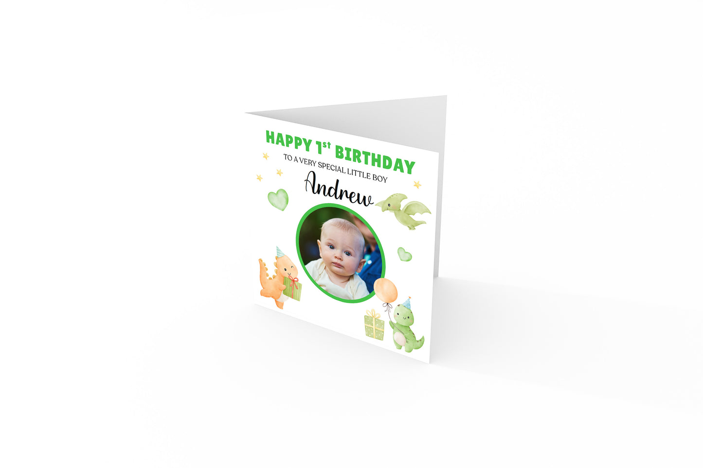 Personalised Photo 1st Birthday Card for Baby Boy – Cute Dinosaur with Custom Photo, Name and Message, First Birthday Card for Son, Grandson, Nephew – Green Envelope Included
