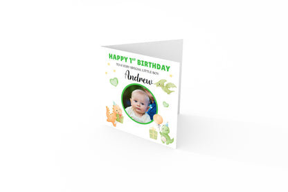 Personalised Photo 1st Birthday Card for Baby Boy – Cute Dinosaur with Custom Photo, Name and Message, First Birthday Card for Son, Grandson, Nephew – Green Envelope Included
