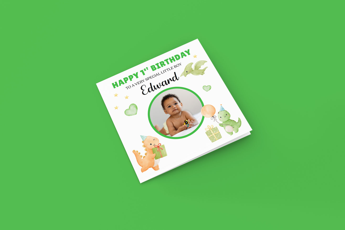 Personalised Photo 1st Birthday Card for Baby Boy – Cute Dinosaur with Custom Photo, Name and Message, First Birthday Card for Son, Grandson, Nephew – Green Envelope Included
