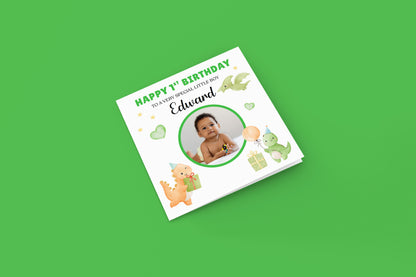 Personalised Photo 1st Birthday Card for Baby Boy – Cute Dinosaur with Custom Photo, Name and Message, First Birthday Card for Son, Grandson, Nephew – Green Envelope Included