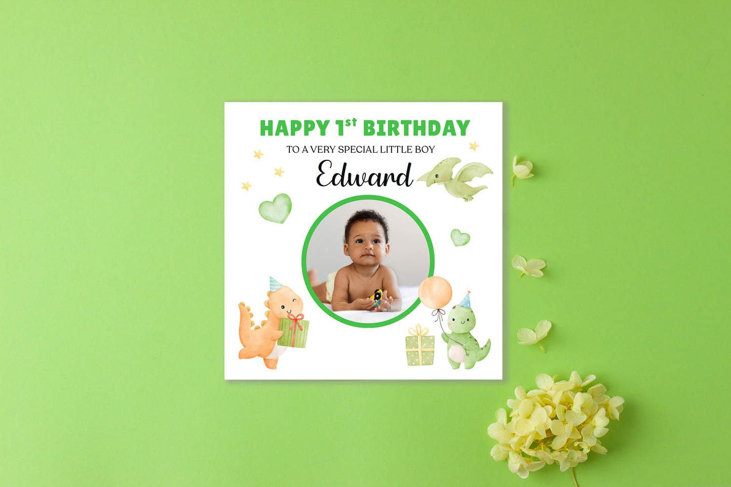 Personalised Photo 1st Birthday Card for Baby Boy – Cute Dinosaur with Custom Photo, Name and Message, First Birthday Card for Son, Grandson, Nephew – Green Envelope Included