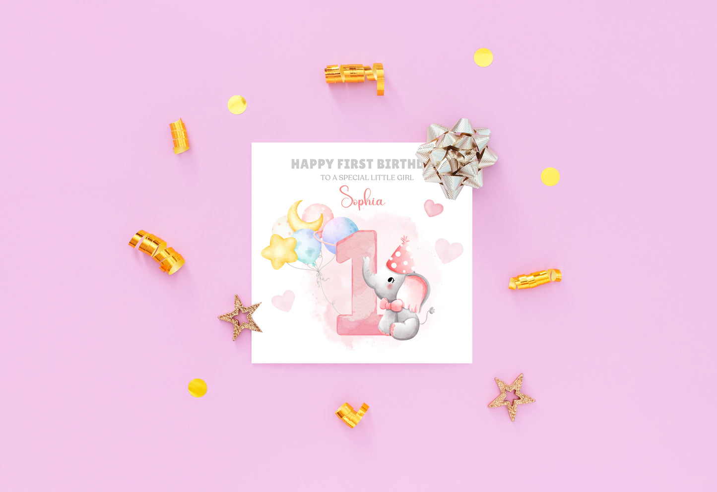 Elephant -Personalised Watercolour Effect 1 Year Birthday Folded Card for Girls, Custom Name and Message One- Year Old Happy 1st Birthday Card, Customisable Birthday Card