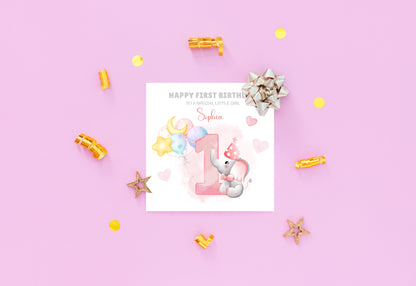 Elephant -Personalised Watercolour Effect 1 Year Birthday Folded Card for Girls, Custom Name and Message One- Year Old Happy 1st Birthday Card, Customisable Birthday Card