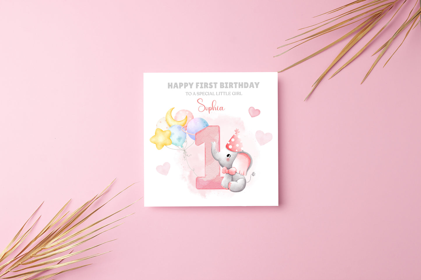 Elephant -Personalised Watercolour Effect 1 Year Birthday Folded Card for Girls, Custom Name and Message One- Year Old Happy 1st Birthday Card, Customisable Birthday Card