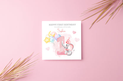 Elephant -Personalised Watercolour Effect 1 Year Birthday Folded Card for Girls, Custom Name and Message One- Year Old Happy 1st Birthday Card, Customisable Birthday Card