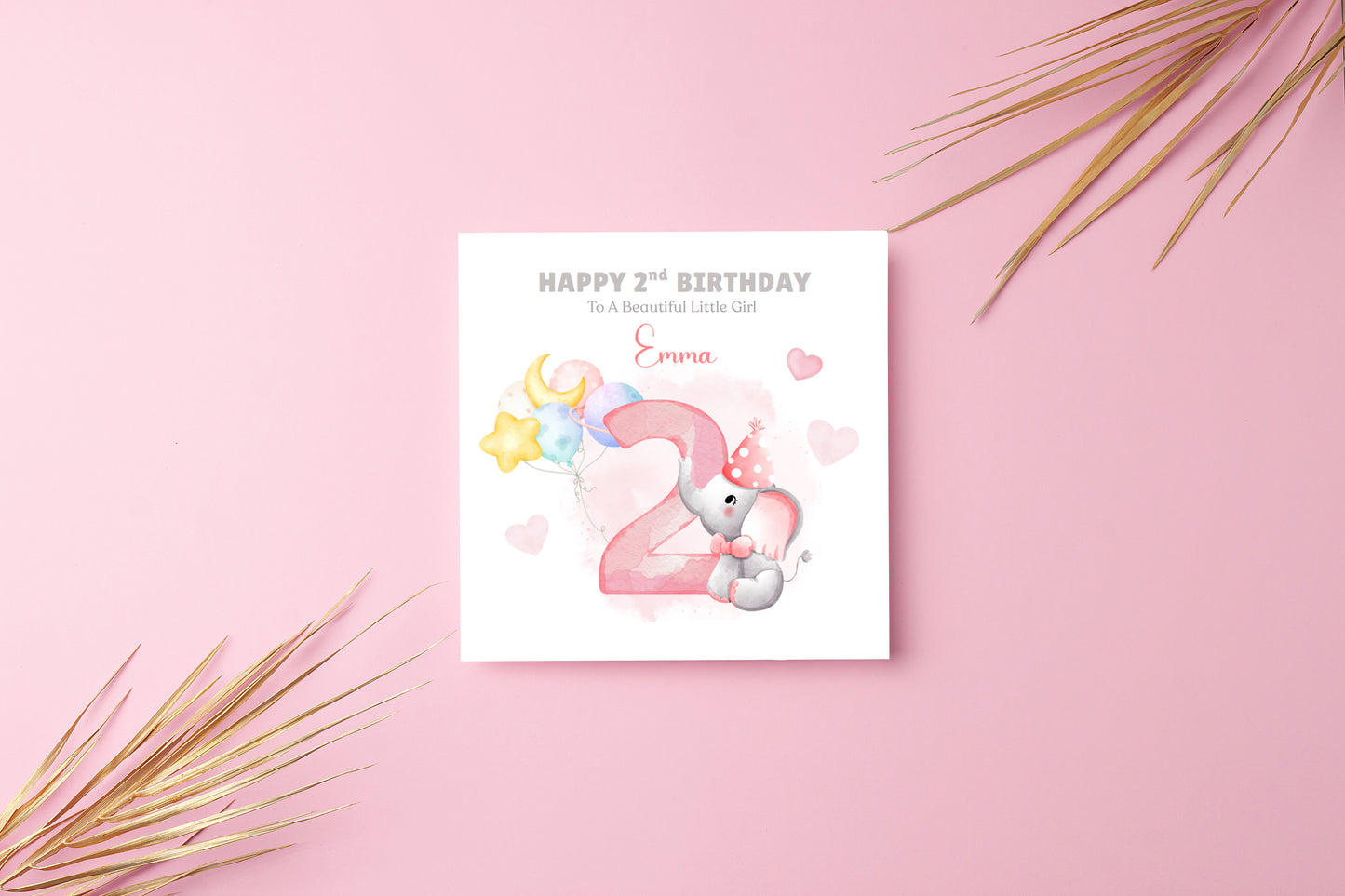 Personalised Two Years Old 2nd Birthday Card for Toddler Girl – Elephant Design with Custom Name and Message - Two-Year-Old Birthday Card for Daughter, Granddaughter, Niece – Pink Envelope Included