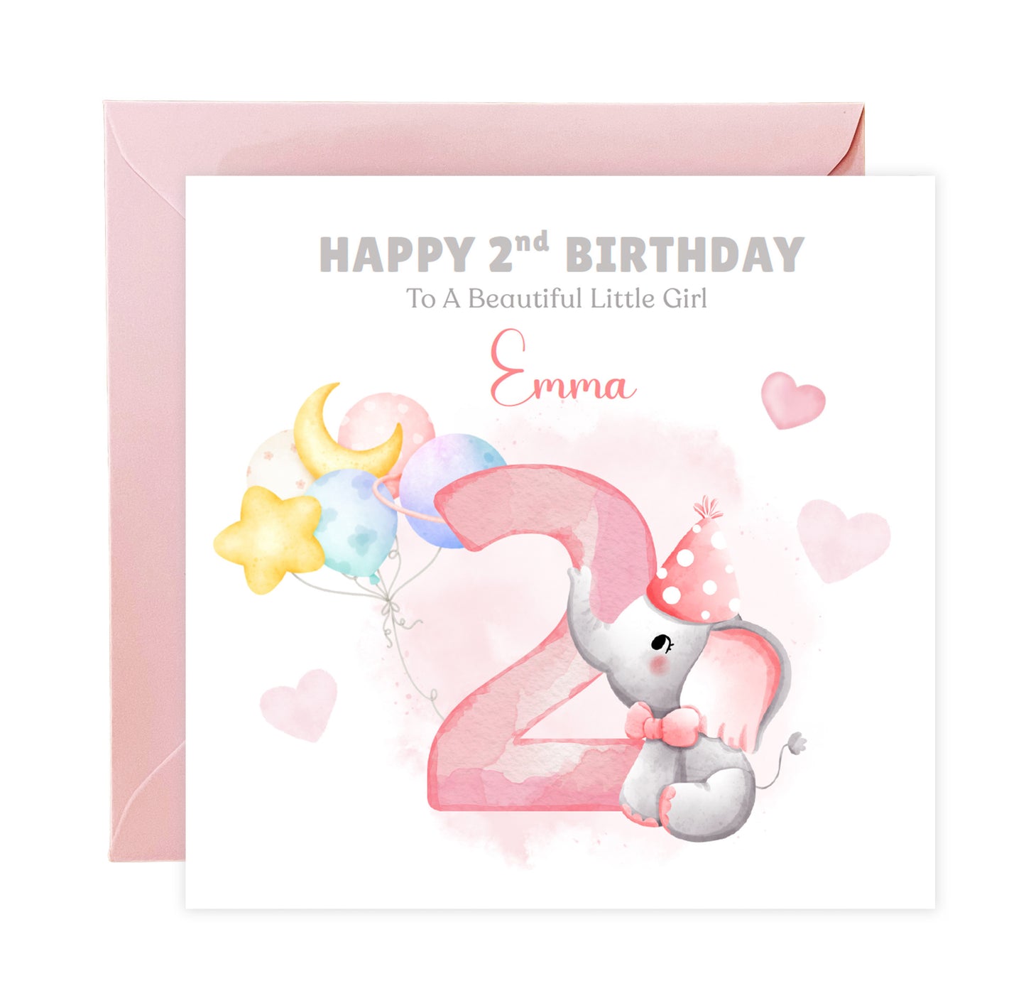 Personalised Two Years Old 2nd Birthday Card for Toddler Girl – Elephant Design with Custom Name and Message - Two-Year-Old Birthday Card for Daughter, Granddaughter, Niece – Pink Envelope Included