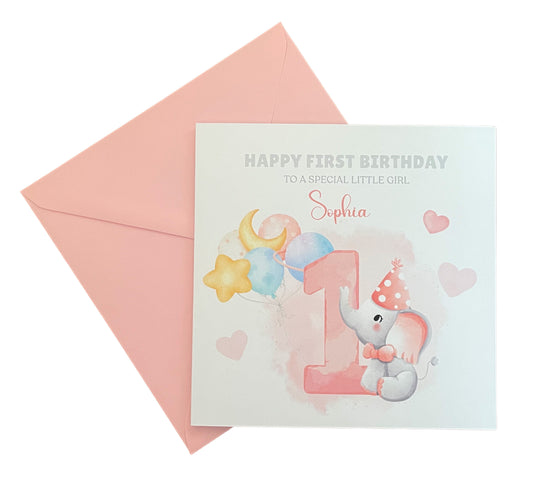 Elephant -Personalised Watercolour Effect 1 Year Birthday Folded Card for Girls, Custom Name and Message One- Year Old Happy 1st Birthday Card, Customisable Birthday Card