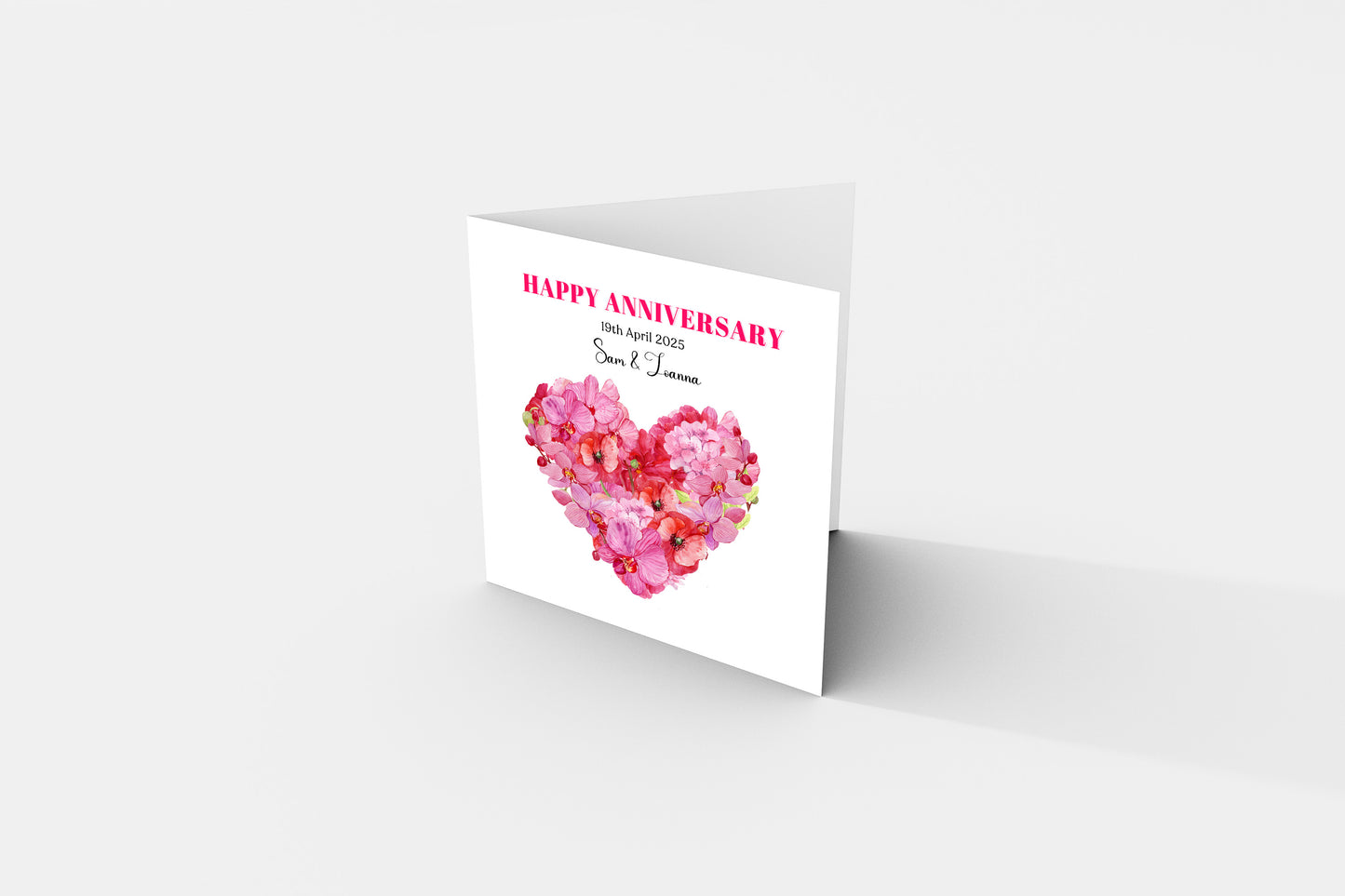 Personalized Wedding Anniversary Card – Romantic Heart-Shaped Floral Design with Customised Names and Date– for Couples, Husband, Wife, Loved Ones, Engagement, 1st Date – Pink Envelope Included