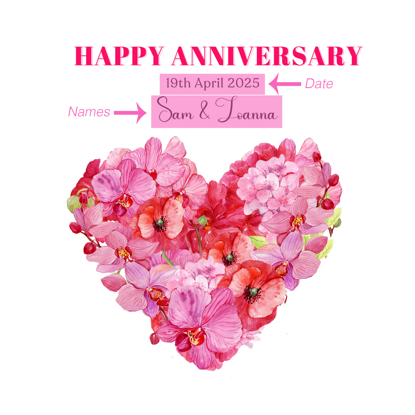 Personalized Wedding Anniversary Card – Romantic Heart-Shaped Floral Design with Customised Names and Date– for Couples, Husband, Wife, Loved Ones, Engagement, 1st Date – Pink Envelope Included