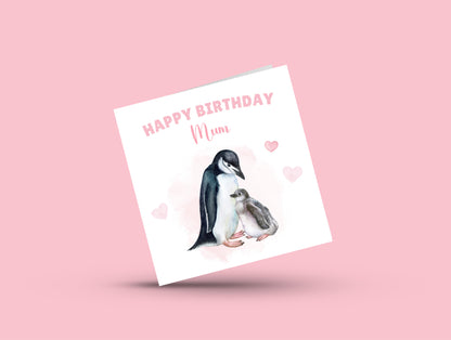 Penguin Birthday Card – Cute Mother & Baby Watercolour Design – Handmade Card for Mum, Mummy or Mam – Pink Envelope Included