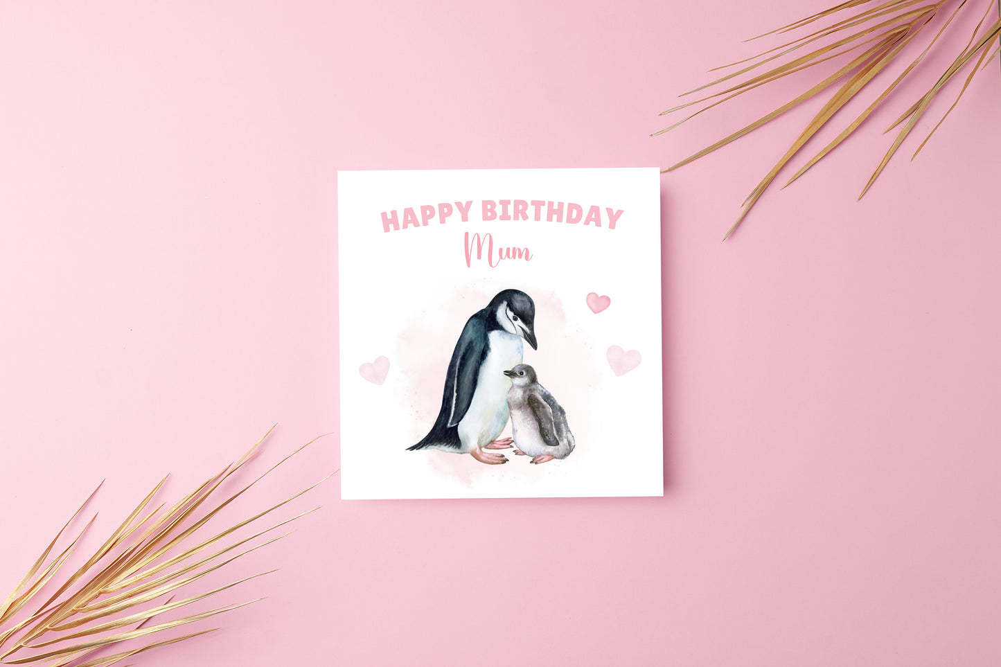 Penguin Birthday Card – Cute Mother & Baby Watercolour Design – Handmade Card for Mum, Mummy or Mam – Pink Envelope Included