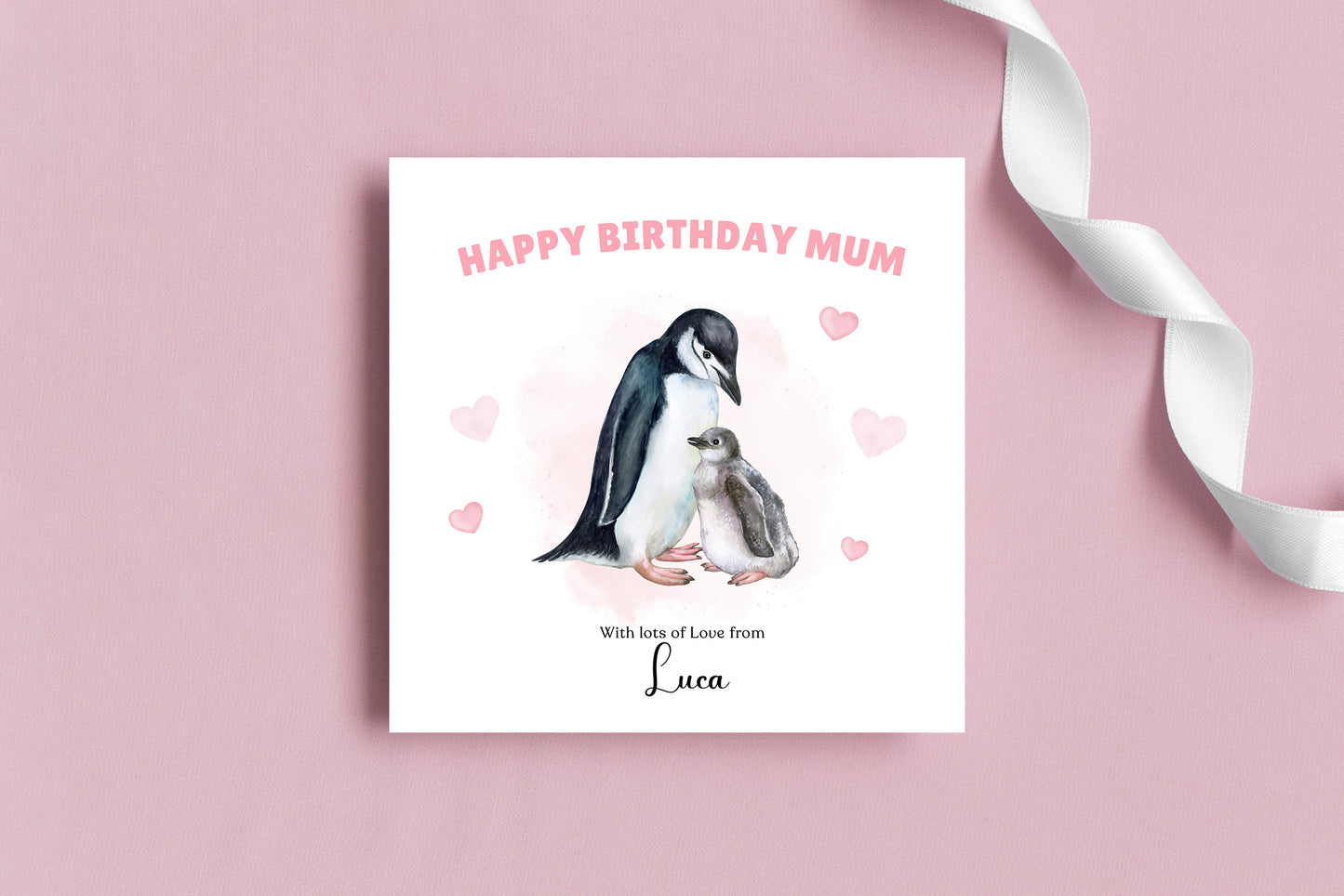 Personalised Mum Birthday Card – Cute Penguin Mother & Baby Watercolour Design – Custom Name & Message – Handmade Birthday Card for Mum, Mummy, Mam – Pink Envelope Included