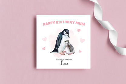Personalised Mum Birthday Card – Cute Penguin Mother & Baby Watercolour Design – Custom Name & Message – Handmade Birthday Card for Mum, Mummy, Mam – Pink Envelope Included