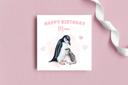 Penguin Birthday Card – Cute Mother & Baby Watercolour Design – Handmade Card for Mum, Mummy or Mam – Pink Envelope Included