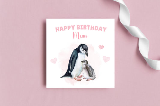 Penguin Birthday Card – Cute Mother & Baby Watercolour Design – Handmade Card for Mum, Mummy or Mam – Pink Envelope Included