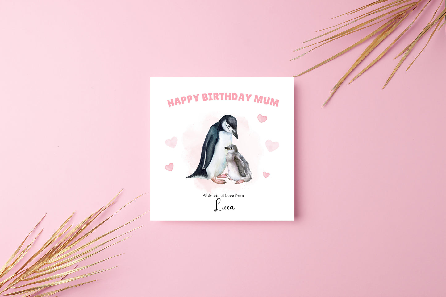 Personalised Mum Birthday Card – Cute Penguin Mother & Baby Watercolour Design – Custom Name & Message – Handmade Birthday Card for Mum, Mummy, Mam – Pink Envelope Included
