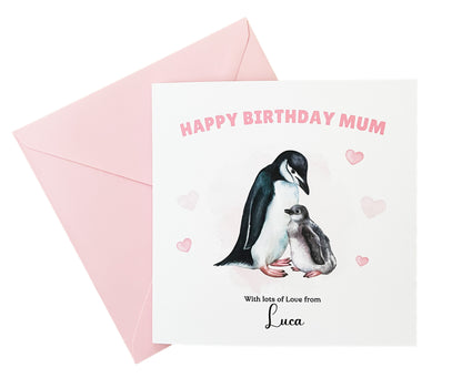 Personalised Mum Birthday Card – Cute Penguin Mother & Baby Watercolour Design – Custom Name & Message – Handmade Birthday Card for Mum, Mummy, Mam – Pink Envelope Included