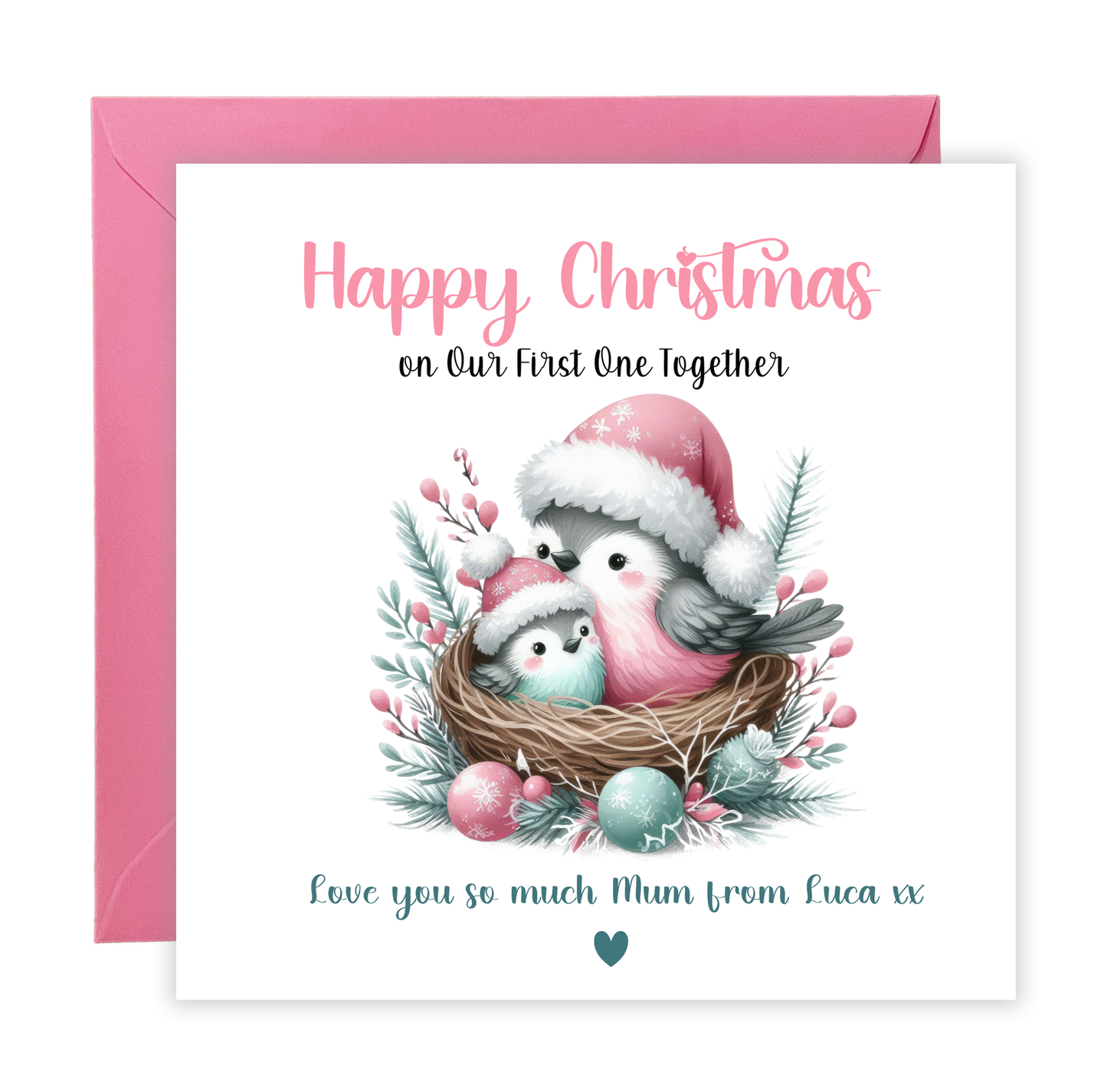 Personalised First Christmas Card for New Mum, Baby Boy or Baby Girl - Customised Message – Cute Robin Birds Design  – New Mum Mummy, Son or Daughter Xmas Card- Pink Envelope Included