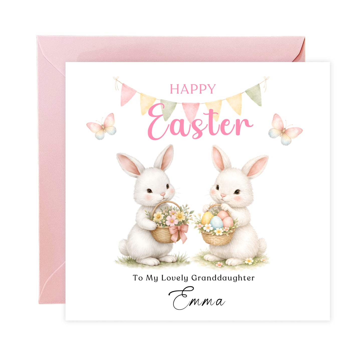 Personalised Happy Easter Card with Custom Name and Message - Two Bunnies Design for Girls,  Mum, Grandma, Auntie, Daughter, Granddaughter, Niece, Baby Girl, Little One – Pink Envelope Included