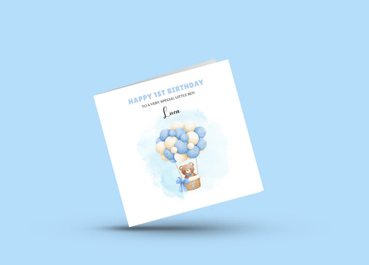 Bear in a Hot Ballon -Personalised Watercolour Effect 1 Year Birthday Folded Card for Boys, Custom Name and Message One- Year-Old Happy 1st Birthday Card, Customisable Birthday Card for Children