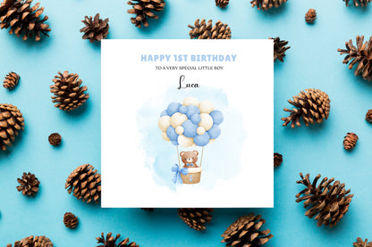 Bear in a Hot Ballon -Personalised Watercolour Effect 1 Year Birthday Folded Card for Boys, Custom Name and Message One- Year-Old Happy 1st Birthday Card, Customisable Birthday Card for Children