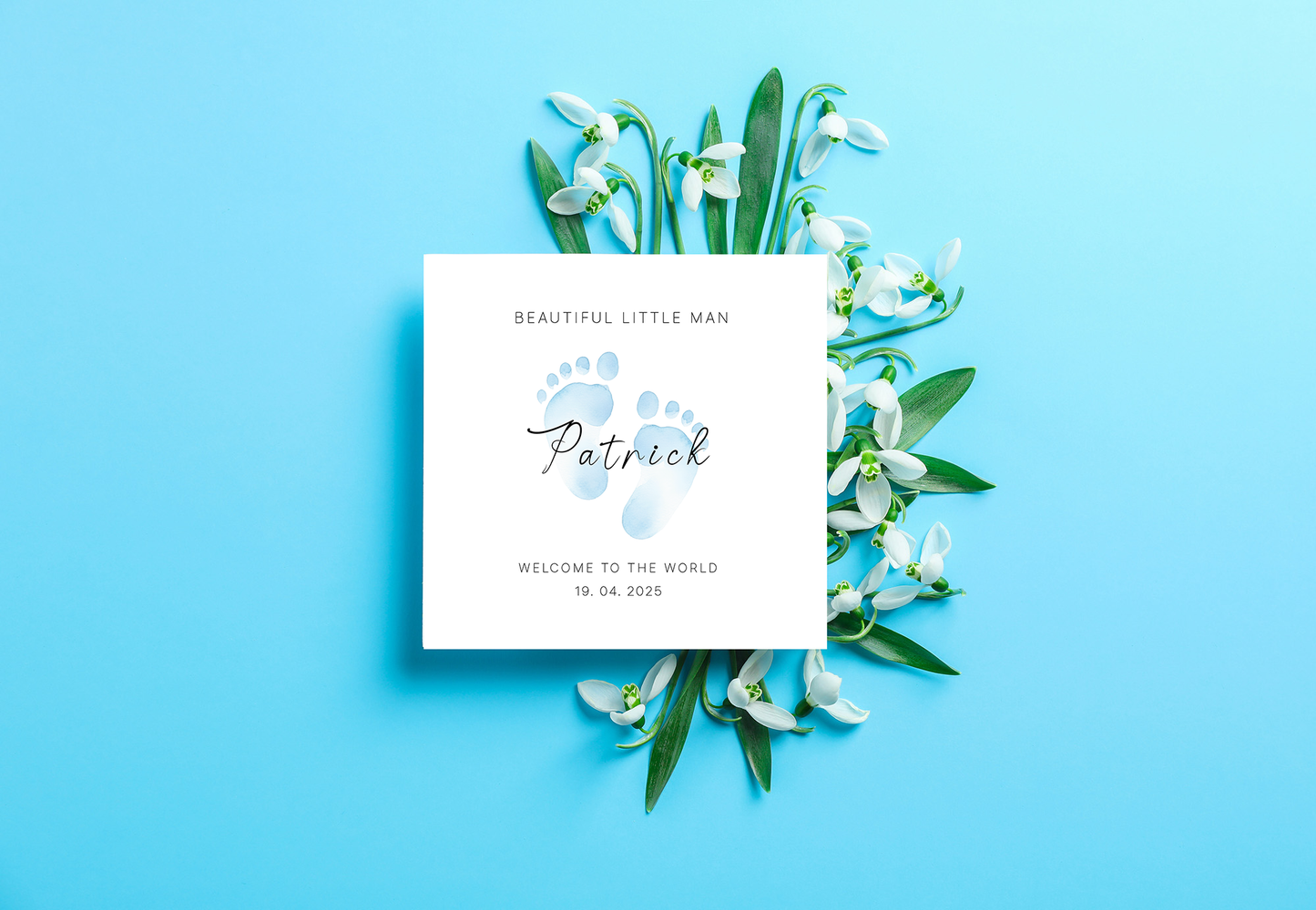 Personalised New Baby Card for Baby Boy, Welcome To The World Newborn, Baby Shower Card for Son, Grandson, Nephew, Little One, Baby Feet Design with Customised Name, Date and Message – Blue Envelope Included