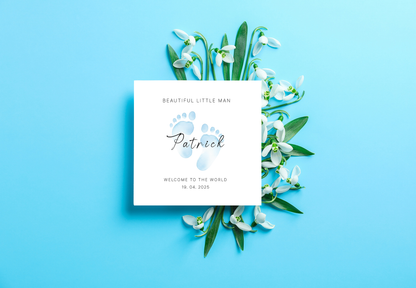 Personalised New Baby Card for Baby Boy, Welcome To The World Newborn, Baby Shower Card for Son, Grandson, Nephew, Little One, Baby Feet Design with Customised Name, Date and Message – Blue Envelope Included