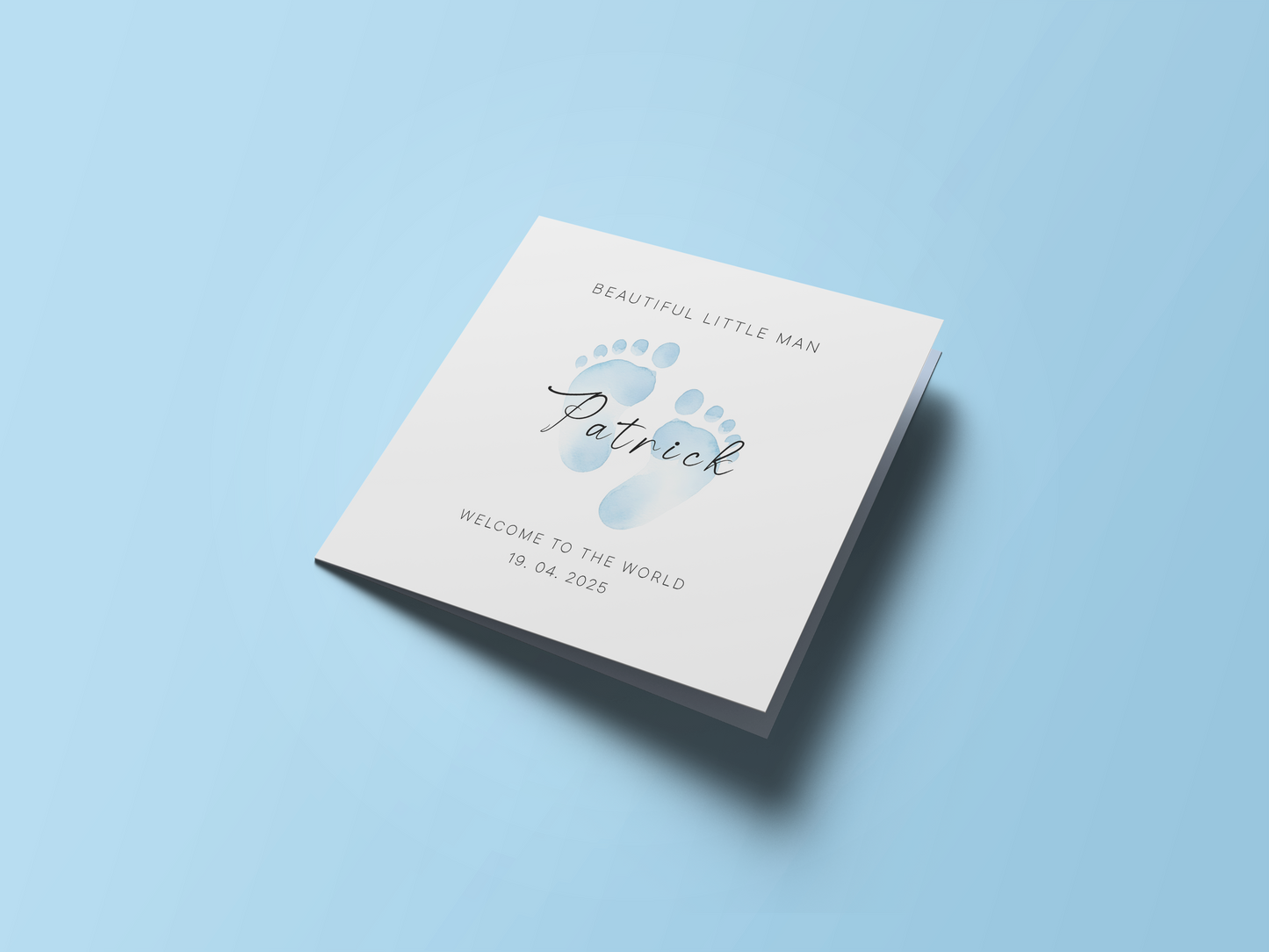 Personalised New Baby Card for Baby Boy, Welcome To The World Newborn, Baby Shower Card for Son, Grandson, Nephew, Little One, Baby Feet Design with Customised Name, Date and Message – Blue Envelope Included