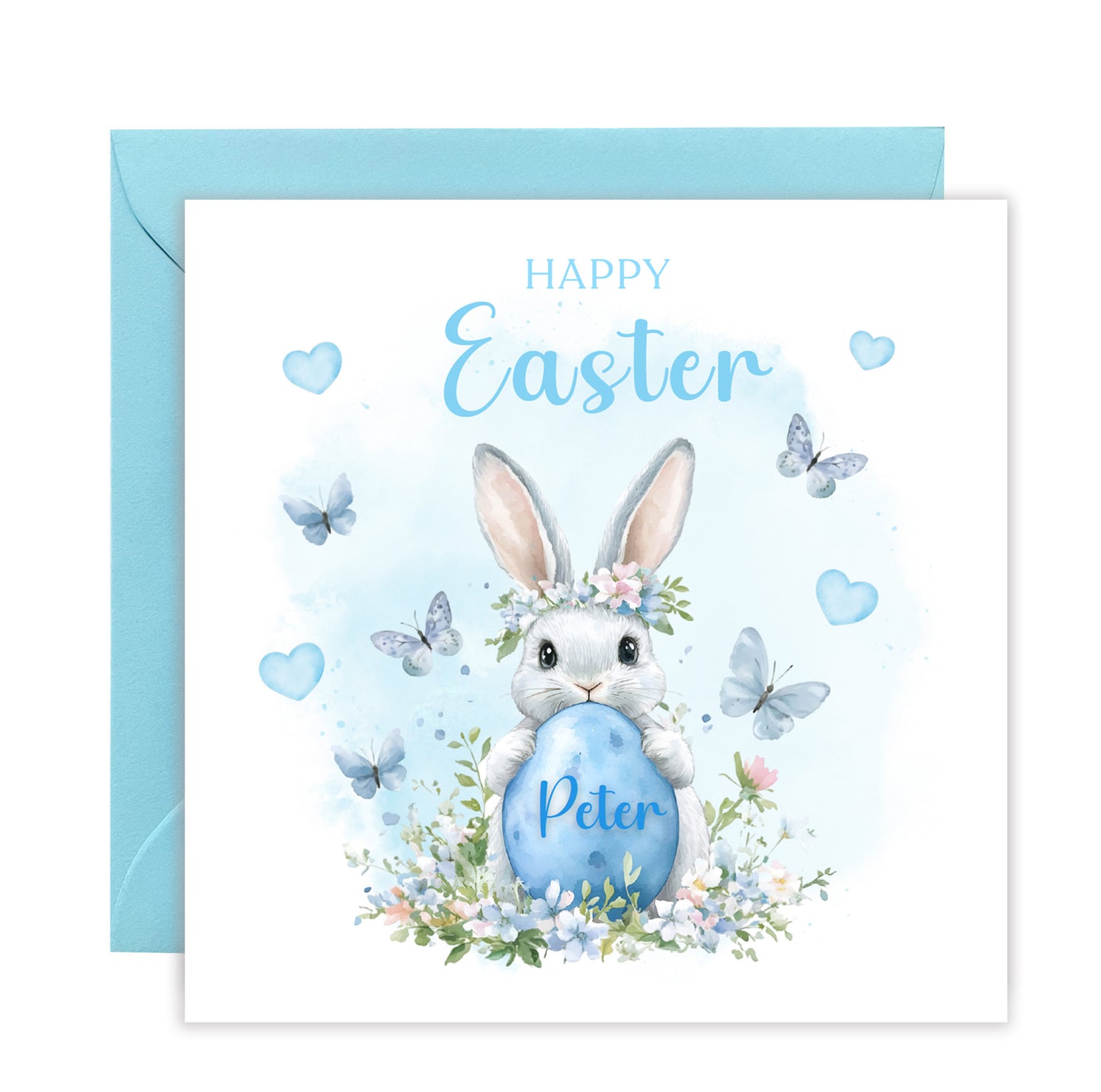 Personalised Happy Easter Bunny Card for Boys with Custom Name - Easter Rabbit and Egg Design for Son, Grandson, Nephew, Kids, Boy, Baby boy, Little One – Blue Envelope Included