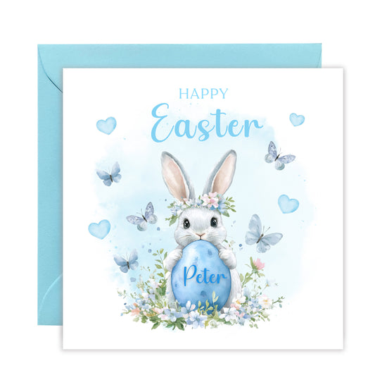 Personalised Happy Easter Bunny Card for Boys with Custom Name - Easter Rabbit and Egg Design for Son, Grandson, Nephew, Kids, Boy, Baby boy, Little One – Blue Envelope Included