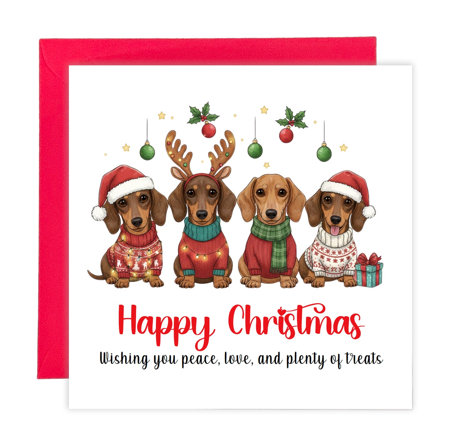 Cute Sausage Dogs Christmas Card – Funny Dachshund Xmas Card for Dog Lovers,Friends, Family, Pet Owners and for Him, Her, Kids, Co-Workers –  Red Envelope Included