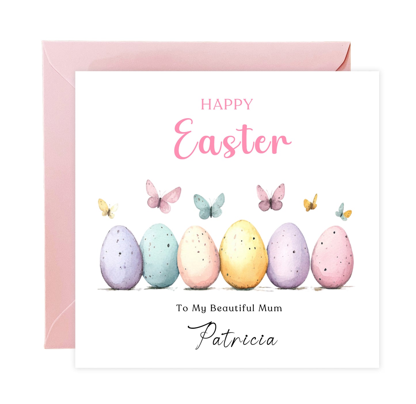 Personalised Happy Easter Card with Custom Name and Message - Butterfly with Easter Eggs Design for Her, Mum, Grandma, Auntie, Daughter, Granddaughter, Niece, Girls – Pink Envelope Included