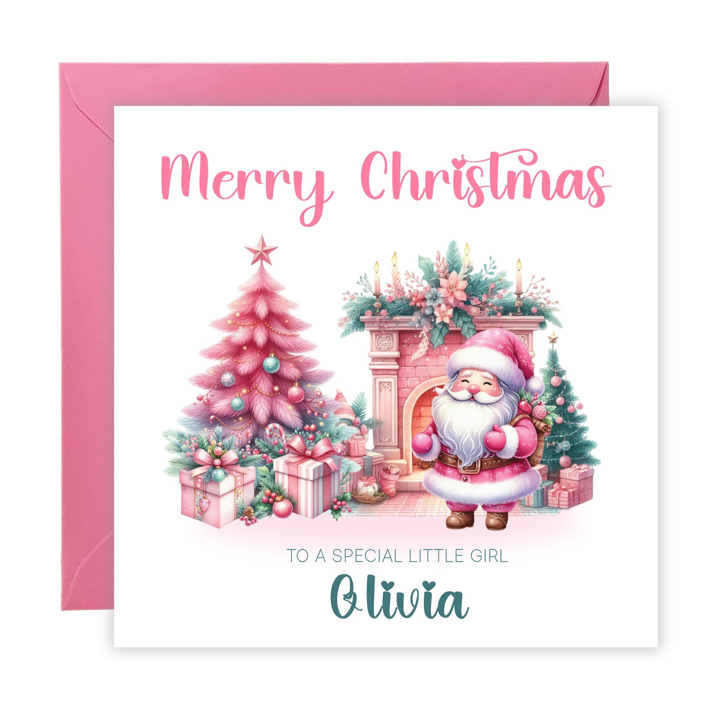 Personalised Pink Christmas Card for Her and Girls – Santa Design with Custom Name & Message,1st Xmas Card for Baby Girl, Pink Xmas Card for Girlfriend, Wife, Niec, Kids, Granddaughter with Envelope