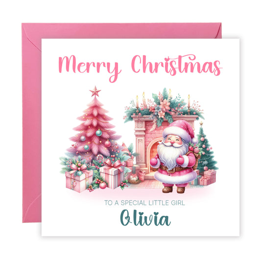 Personalised Pink Christmas Card for Her and Girls – Santa Design with Custom Name & Message,1st Xmas Card for Baby Girl, Pink Xmas Card for Girlfriend, Wife, Niec, Kids, Granddaughter with Envelope