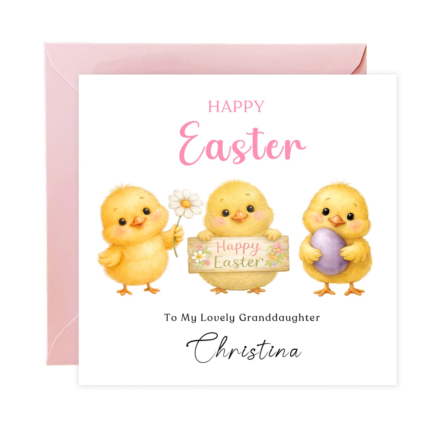 Personalised Happy Easter Card for Girls with Custom Name and Message - Three Baby Chicks Design for Daughter, Granddaughter, Niece, Kids, Girl, Baby Girl, Little One – Pink Envelope Included